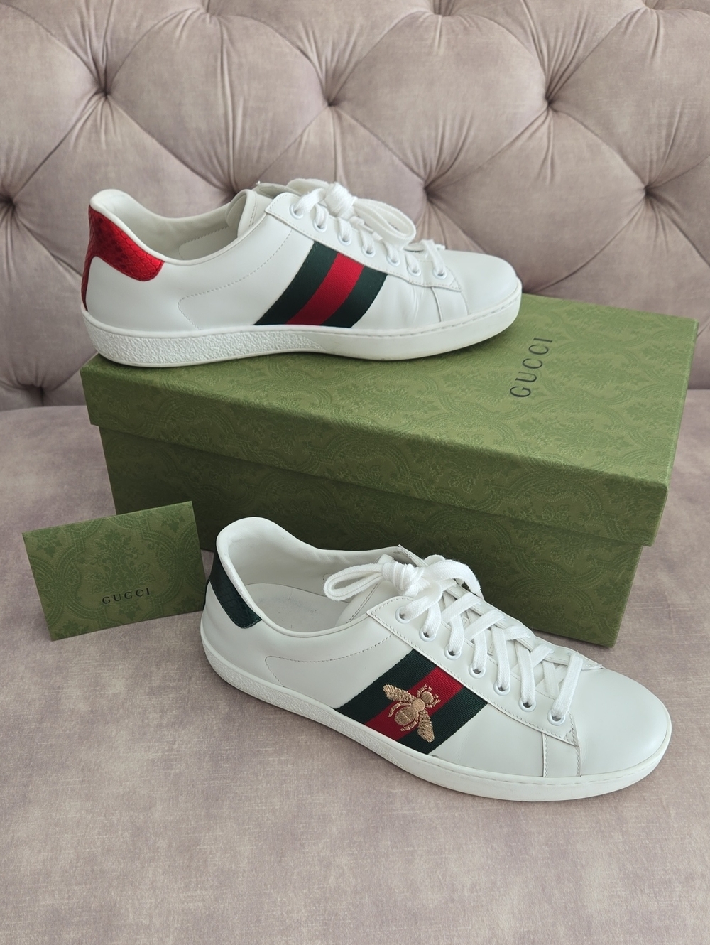 Gucci "New Ace Bee Embroidered" White Sneakers, Size 8.5